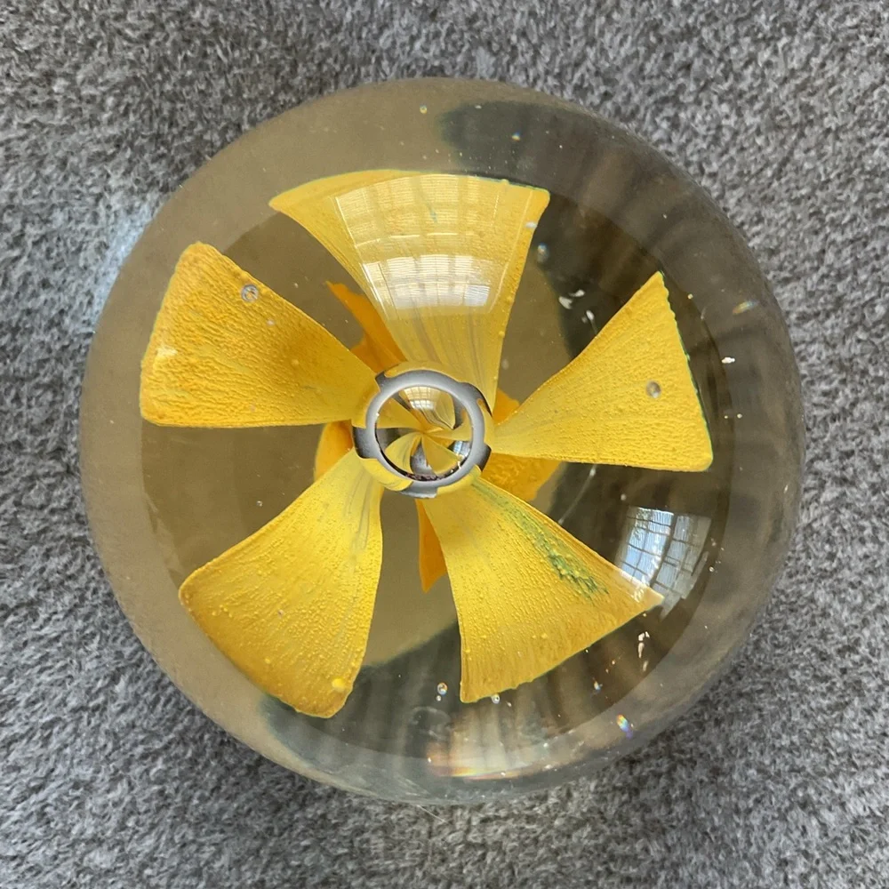 Mesmerizing Vintage Glass Paperweight Hand Blown Yellow Flower